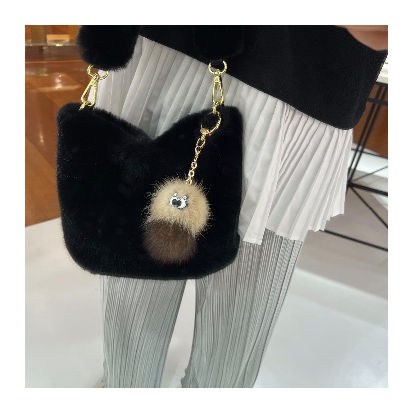 2WAY Eco Fur Handle Bag Black